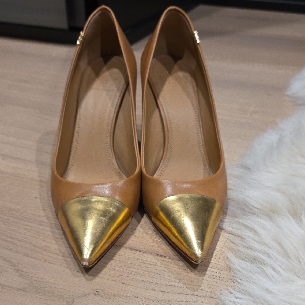 Tory Burch Tan Leather Heels with Gold Tips